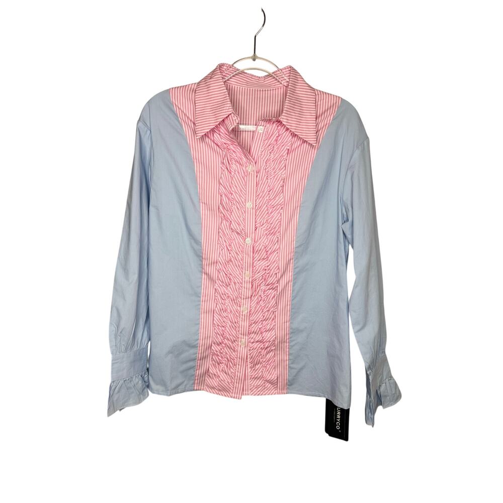 BurryCo Blue and Pink Ruffle Button Down causal shirt women’s size 4